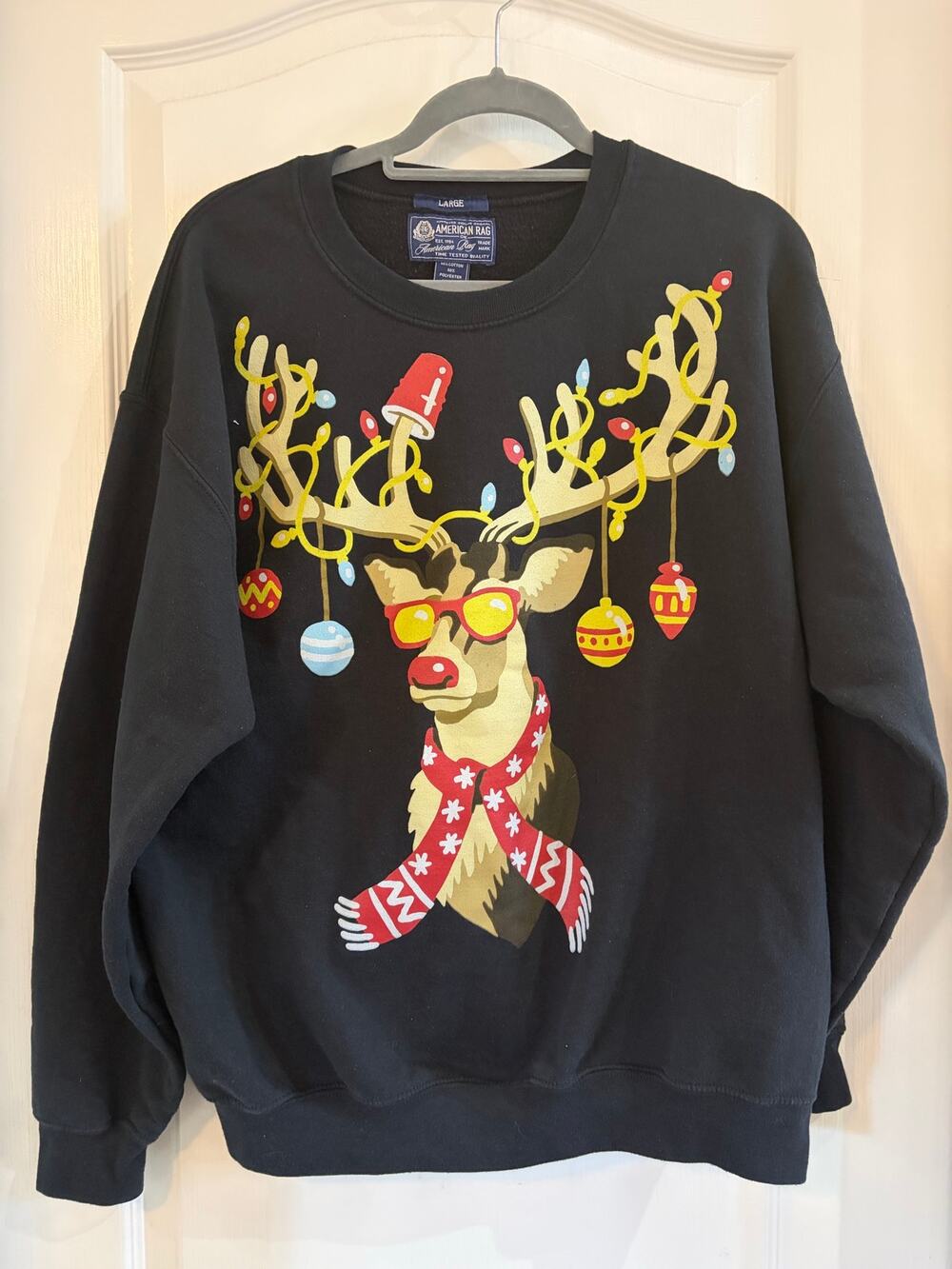 American Rag Reindeer Ugly Christmas Sweatshirt Mens L Black Holiday Crewneck
